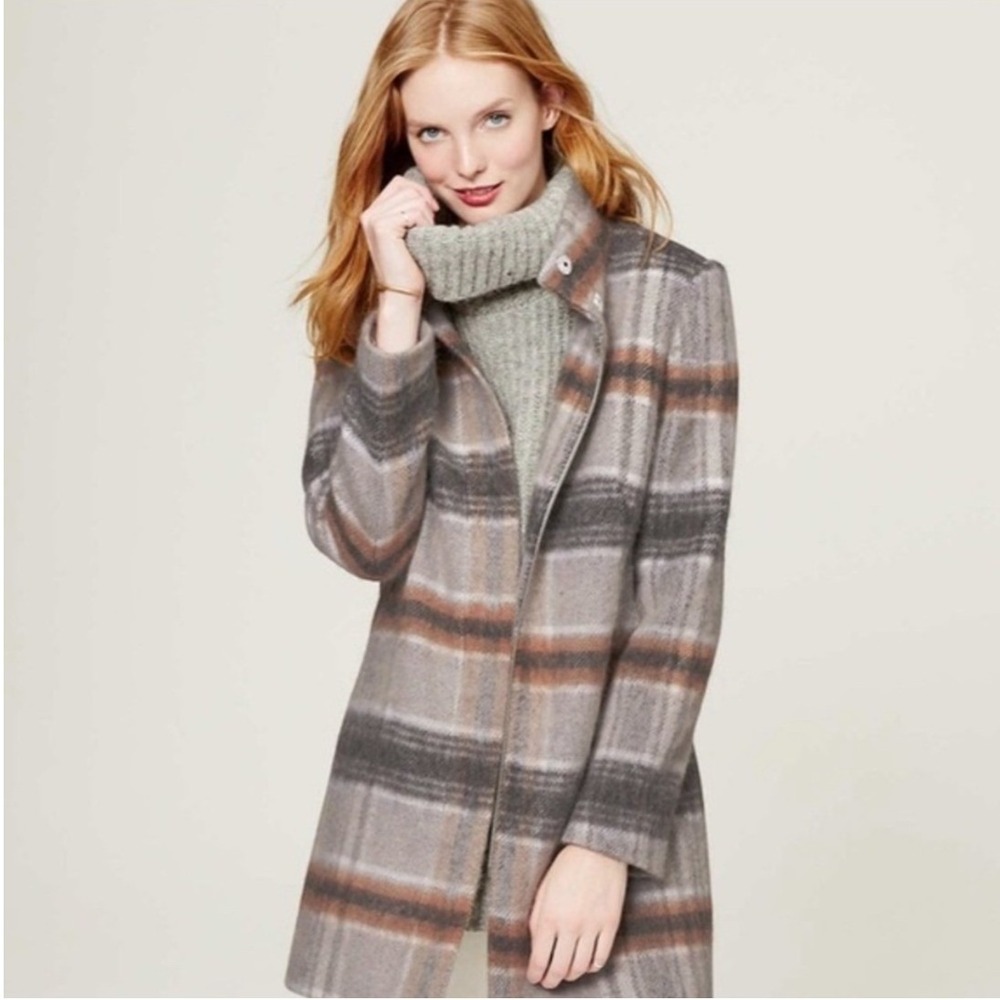 LOFT Womens Large Plaid Wool Blend Coat Stand Collar Full Zip Jacket Gray Brown